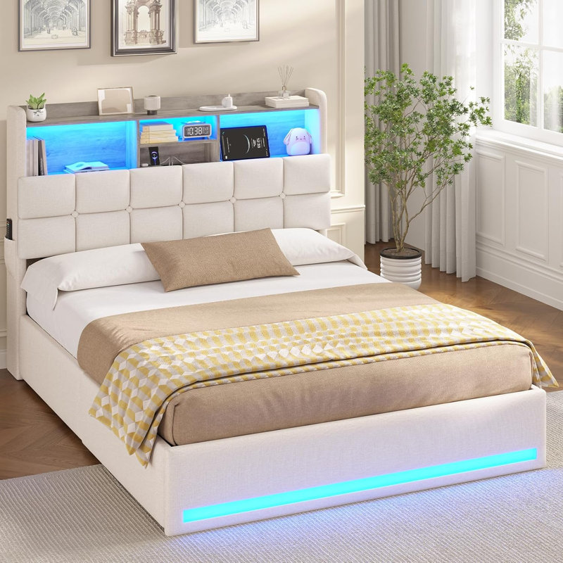 Upholstered Bed with Ottoman Under-bed Storage and Charging Station, Beige, Double (4'6)