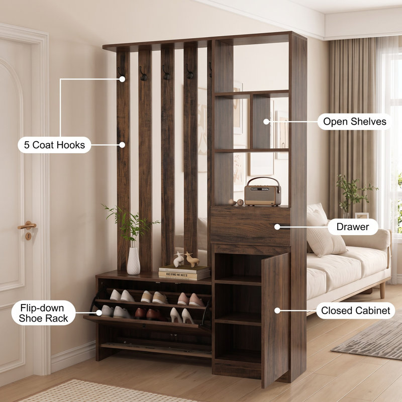 Paravent autoportant de 180 cm avec rangement pour chambre, salon et porte-manteau 5 en 1.