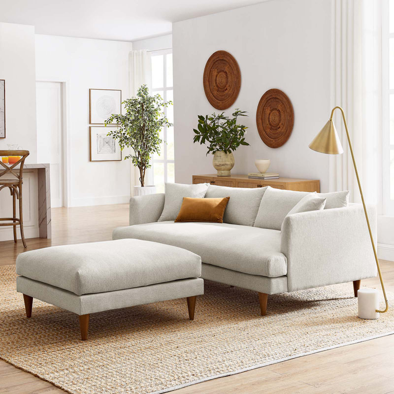 Zoya Down Filled Overstuffed Sofa And Ottoman Set In Heathered Weave Ivory, Ivory 100% Polyester