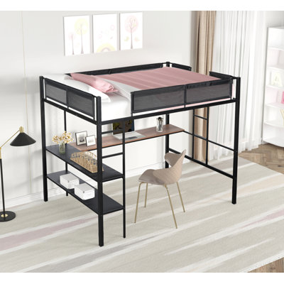 Lit mezzanine double en métal avec bureau et tablettes / Structure de lit en métal robuste / Lattes en bois sans bruit / Garde-corps confortable en polyester enduit de PVC / Bureau intégré, tablettes à 2 niveaux et panneau grillagé / 2 échelles latérales