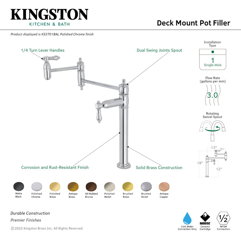 Kingston Brass Two-Handle 1-Hole Deck Mount Pot Filler Faucet, Antique Brass