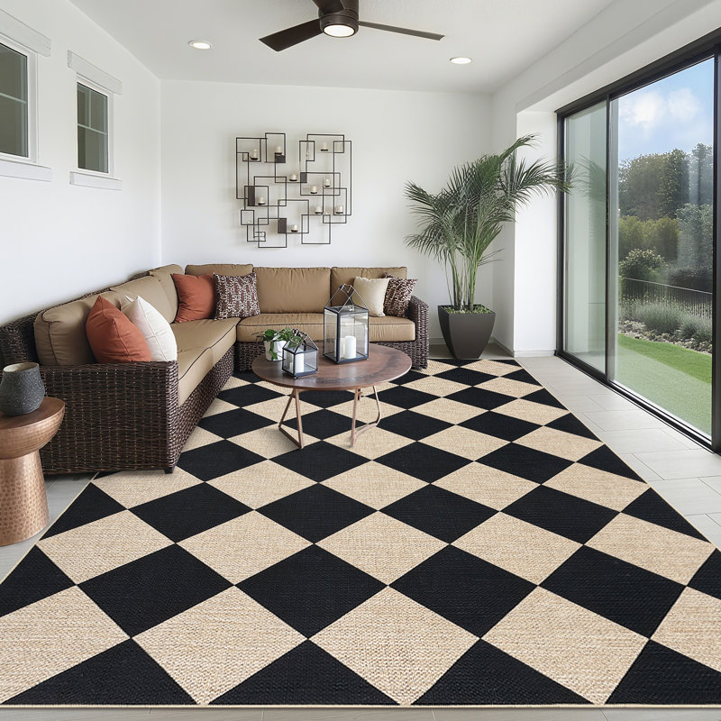 Machine Washable Easy Jute Area Rugs for Living Room Bedroom Distressed Checkered Office Carpet High Traffic Entryway Rug Non Slip Backing Trellis Farmhouse Floor Cover