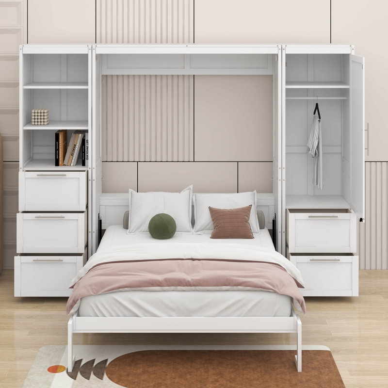 Grand lit escamotable avec tiroirs et tablettes, Blanc