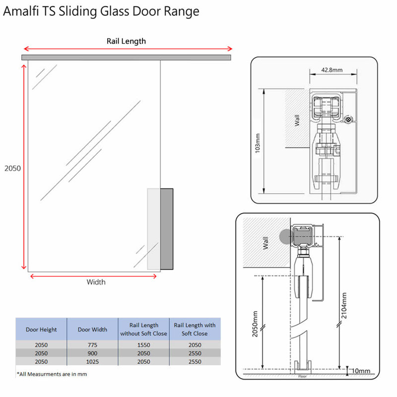 Durovin 900mm internal Sliding Glass Door Frosted Sections Bar Handle With Soft Close, 900mm x 2050mm