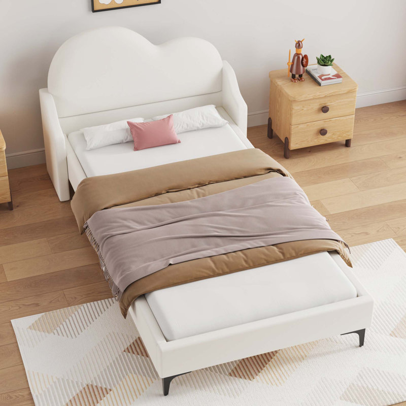 Lit plateforme tapissier simple avec tête de lit en forme de nuage, Beige