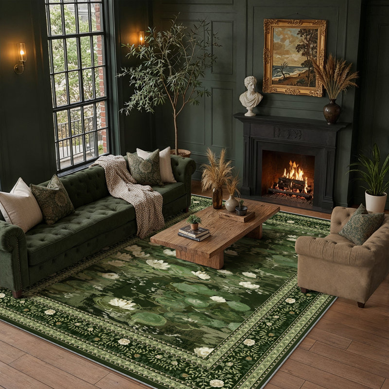Aura Waterlily Art Machine Washable Area Rug, Green, Rectangle 6' x 9'
