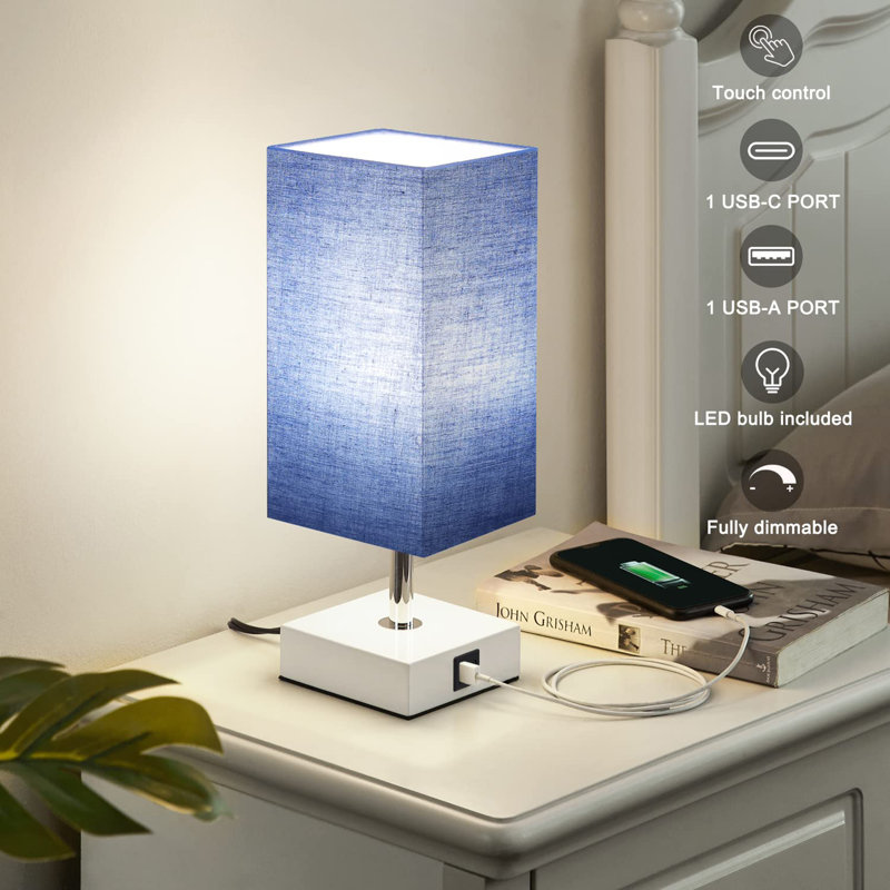 Lampe de table tactile avec 2 ports de charge USB, Blanc, Bleu