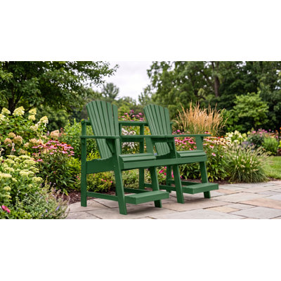 Adirondack Balcony/Pub Double Seater with Built in Table and Footrests – Has 1-5/8” Umbrella Hole and  Elevated Seating for Deck, Porch & Balcony Railings. Solid Pressure Treated Wood