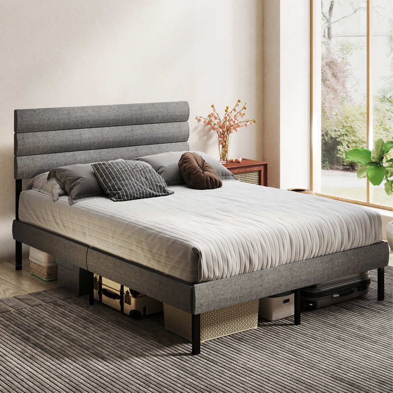 Base de lit plateforme en métal Oneita avec tête de lit tapissier en lin, Double