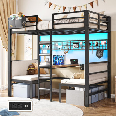 Twin Over Twin Bunk Bed With Led Lights And Charging Station Convertible Loft Bed Twin Size With Desk And Seat Metal Bunk Bed With Desk & Safety Guard And Stair(cushion Not Included)