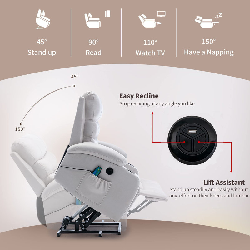Power Lift Recliner Chair with Massage and Heat for Elderly, with 2 Cup Holders, White Faux Leather
