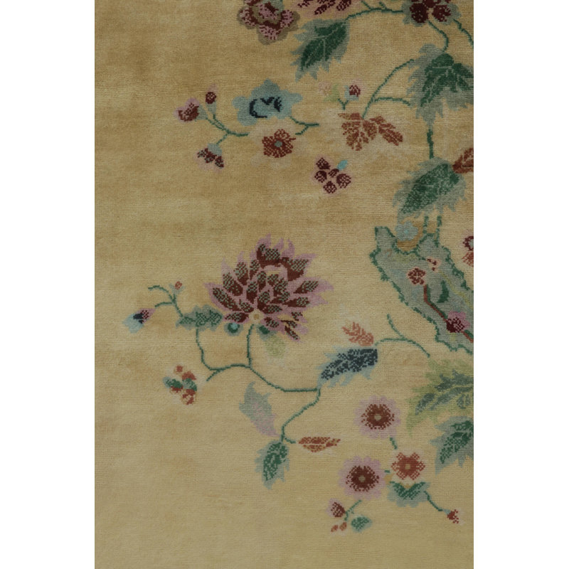 Rug & Kilim’S Chinese Style Art Deco Rug In Gold & Green With Multicolor Florals, Rectangle 13' x 19'