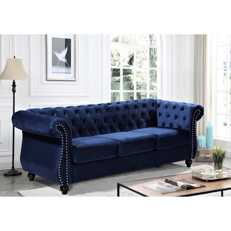 Canapé 3 places Chesterfield, Velours bleu foncé