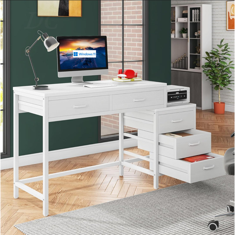 Bureau d'ordinateur 51 po réversible avec 5 tiroirs et classeur, bureau à domicile rustique avec support pour imprimante, table d'écriture industrielle avec rangement pour petits espaces