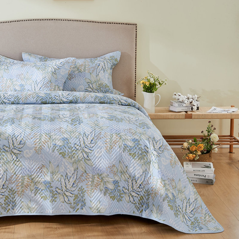 Ensemble de courtepointe en coton à imprimé floral de très grand lit Kingrest, Feuilles bleues