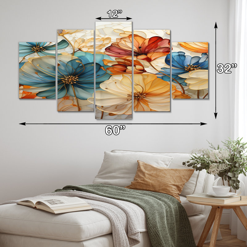 «Teal Orange Petal Mosaics II», reproduction d'art abstrait botanique - 5 panneaux