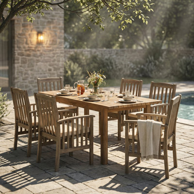 Ensemble de salle à manger d'extérieur en bois d'acacia 7 pièces, 6 chaises modernes et 1 grande table extensible pour la pelouse, la cour, le jardin, la terrasse et le bord de la piscine