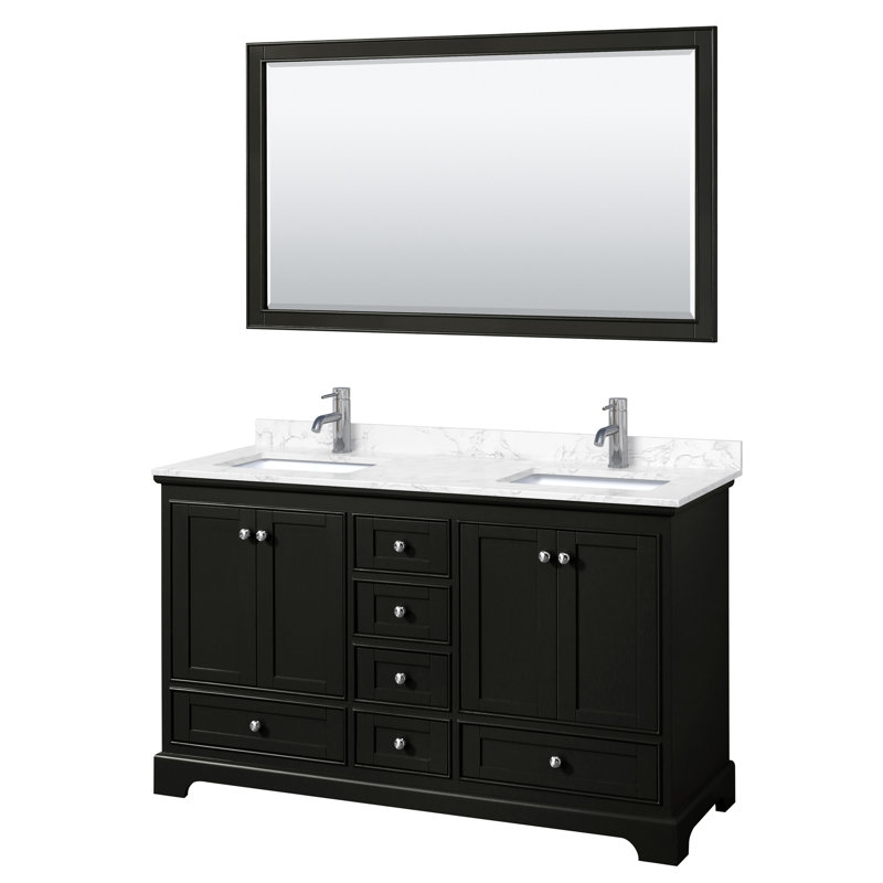 Ensemble de meuble-lavabo double 60 "avec miroir Deborah, Espresso foncé, Marbre de culture de Carrare, Chrome poli