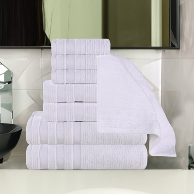 Zero Twist Cotton Ribbed Geometric Border 8-Piece Bathroom Towel Set