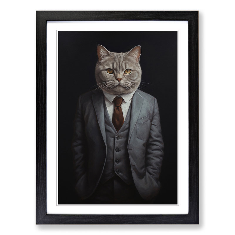 British Shorthair Cat In A Suit Painting No.2 - Single Picture Frame Print on Wood, Black Framed, 34cm H x 25cm W x 2cm D
