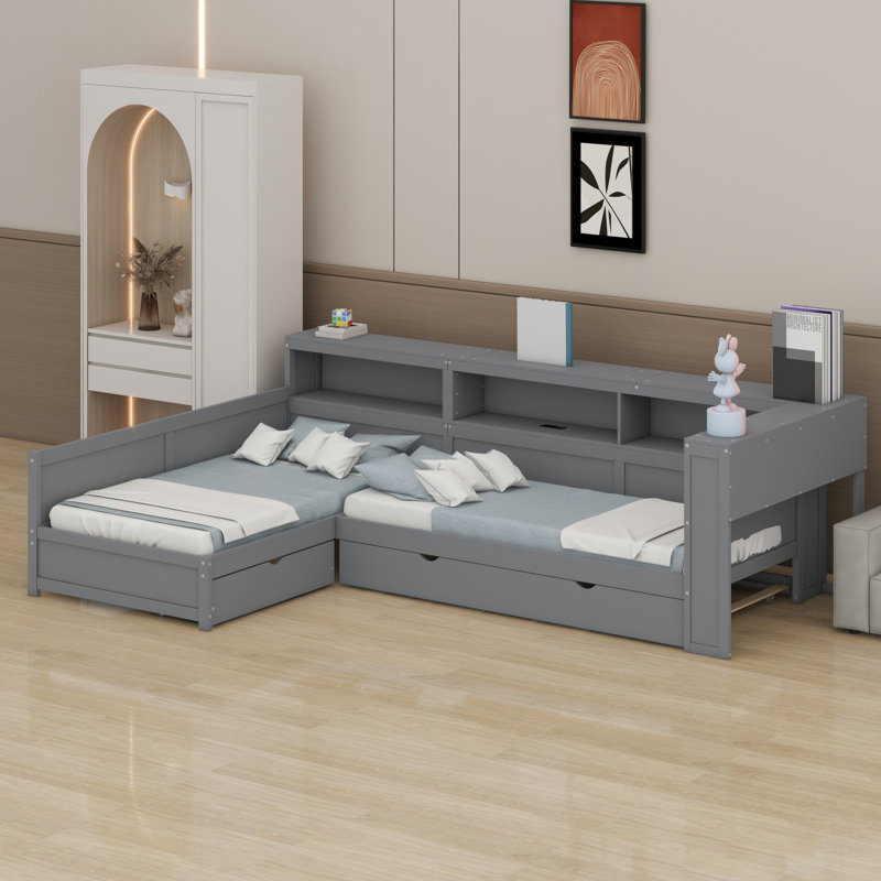 Lit plateforme en bois en L avec lit gigogne et tiroir, Gris