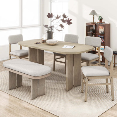 Ensemble de salle à manger 6 pièces en bois massif avec banc de table ovale et chaises rembourrées pour repas de famille confortable de style campagne moderne