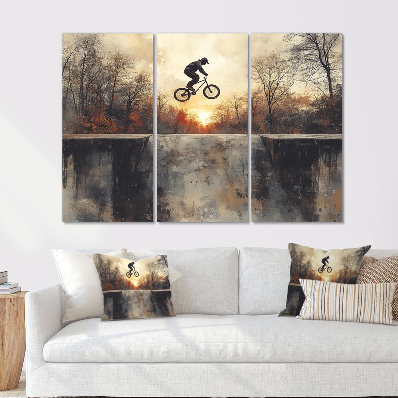 «Black Street Bmx Bike Tricks - Cycling», ensemble d'art mural, Toile tendue, H 32 po x l 48 po x P 1 po