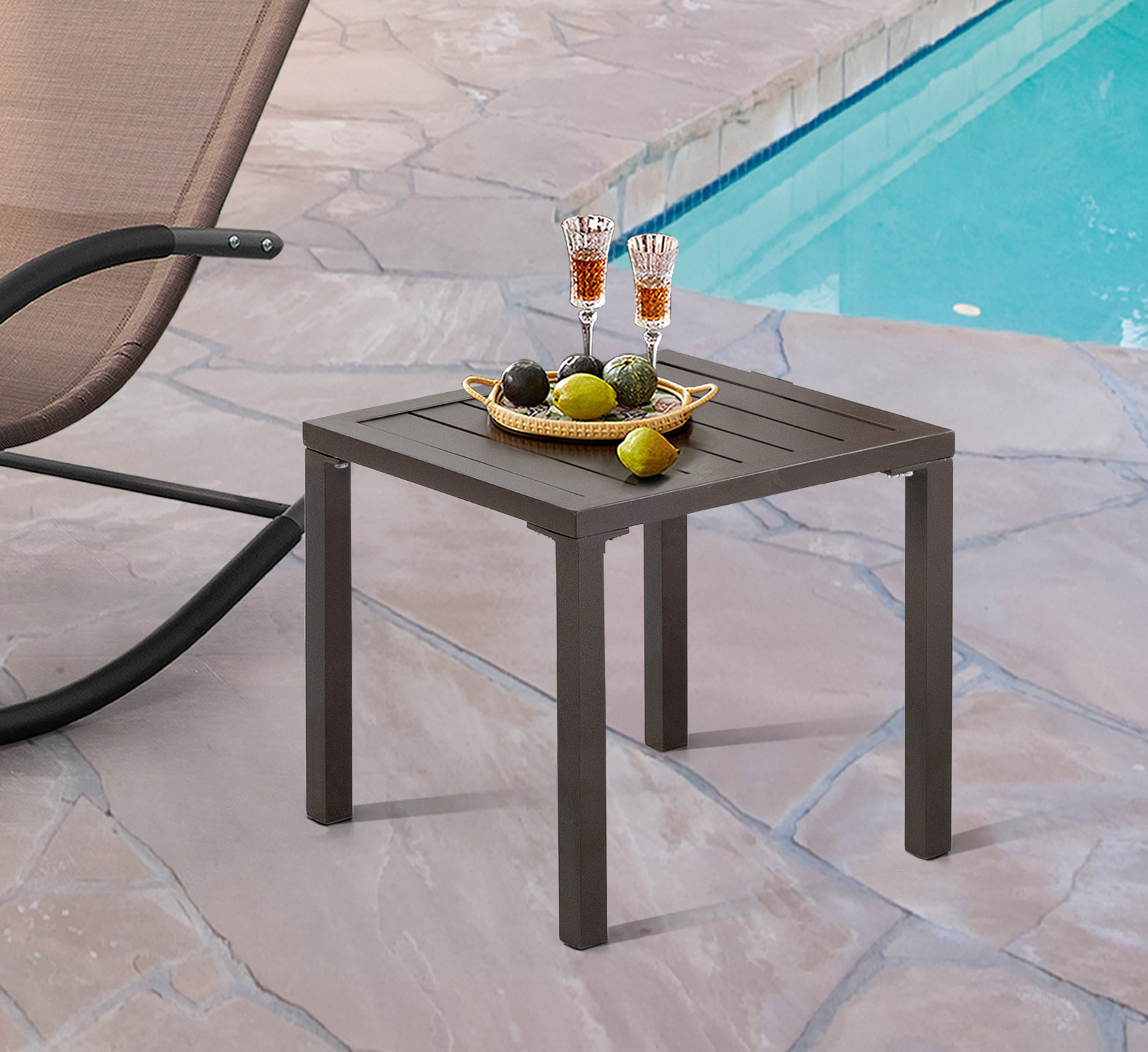 Ebern Designs Chaise Lounge Table, Aluminum Square Side/end Table, Small Patio Coffee Bistro ...