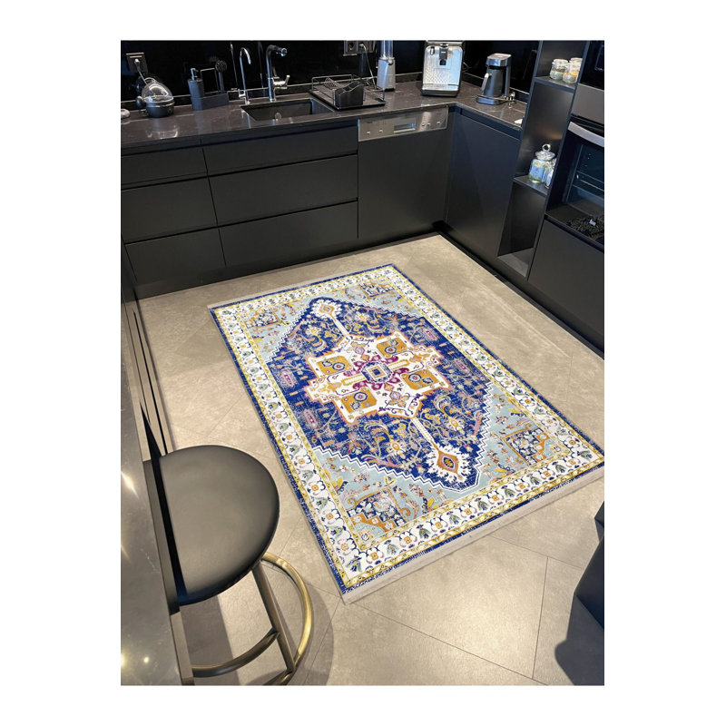 Tapis décoratif rétro à motif traditionnel lavable à la machine dans des tons de bleu et de jaune
