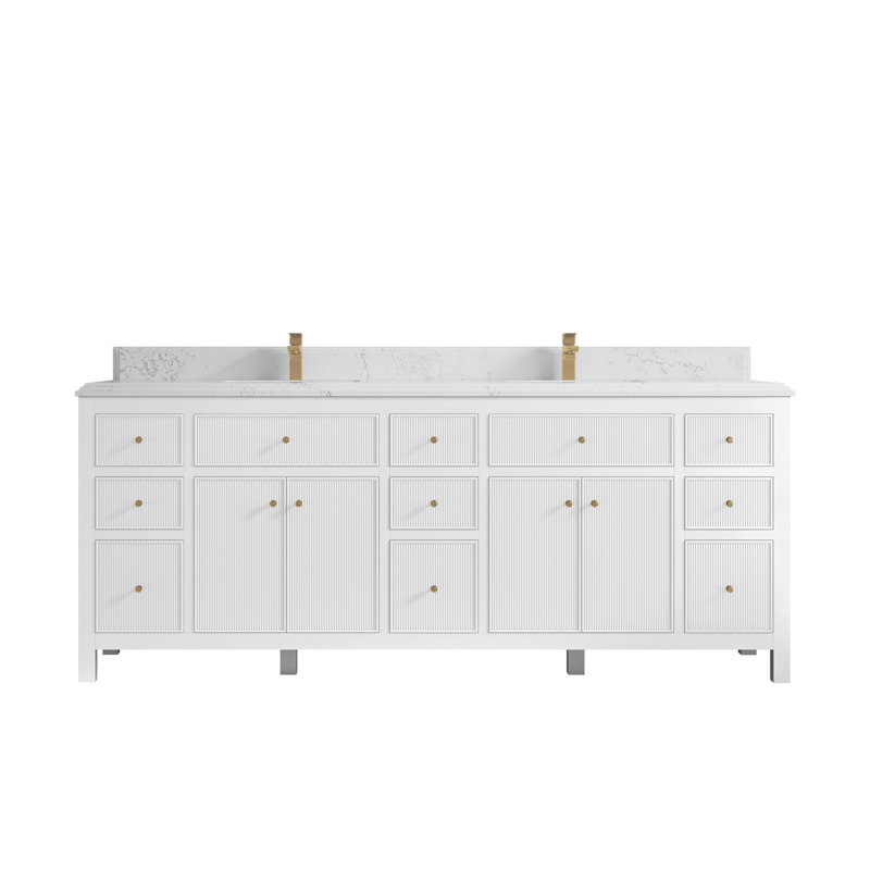 84'' Double Bathroom Vanity with Quartz Top, White, Black
