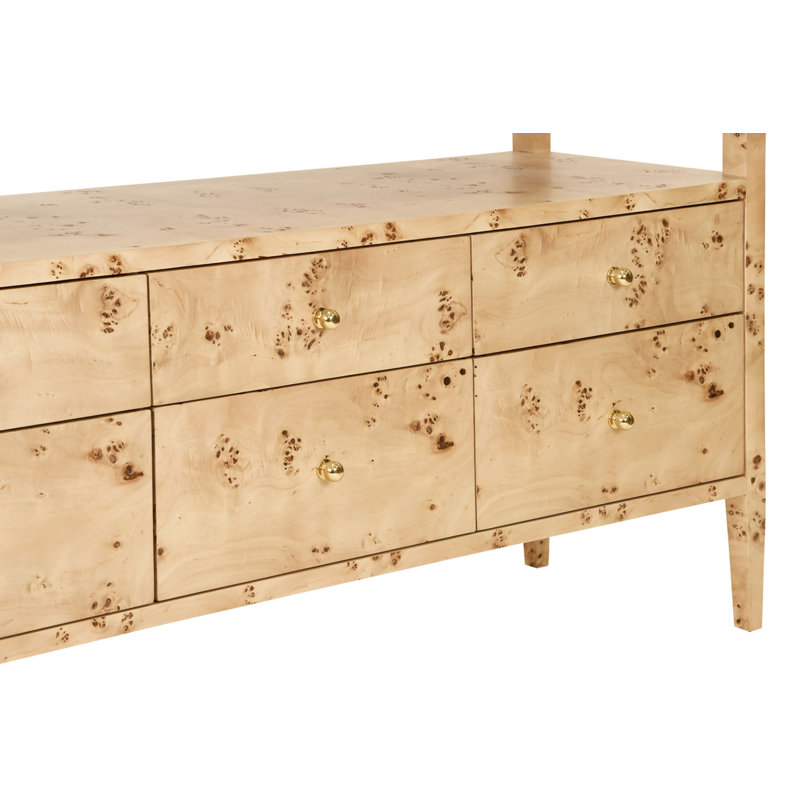 Six Drawer Console With Open Shelf In Burl Wood With Polished Brass Knobs, Burl Wood