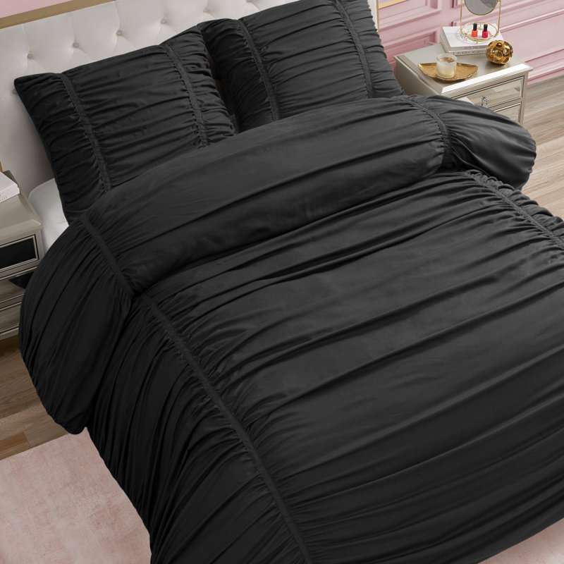 Juicy Couture Ribbon Ruched Comforter Sets, Twin Extra Long Comforter + 1 Standard Sham, Black