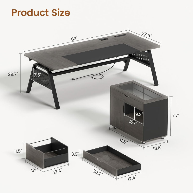 L Shaped Desk With 3 Drawers, Farmhouse L Shaped Executive Desk, Wood Computer Desk With Storage Cabinet, Home Office Desk With File Drawer, Wood Desk For Work Study Writing