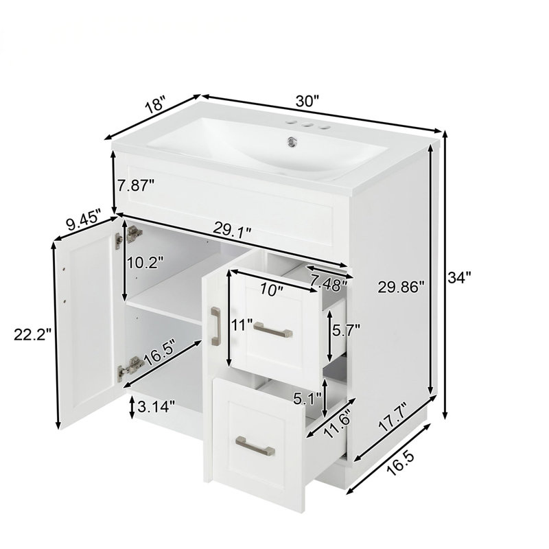 30" Bathroom Vanity With 2 Doors, 2 Drawers, Adjustable Shelf, Hidden Damping Slides For Drawers & Damping Hinges For Doors 