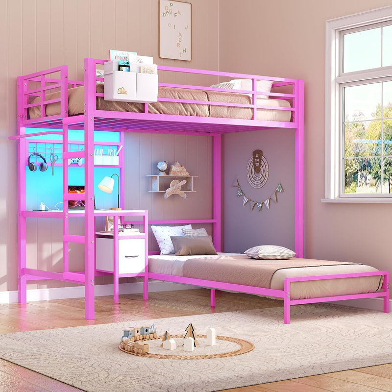 Twin Over Twin Bunk Bed With Desk And Charging Station, Metal Loft Bed, Twin Bed With Led Lights And Storage Shelves And Drawers, L-shaped Bunk Bed