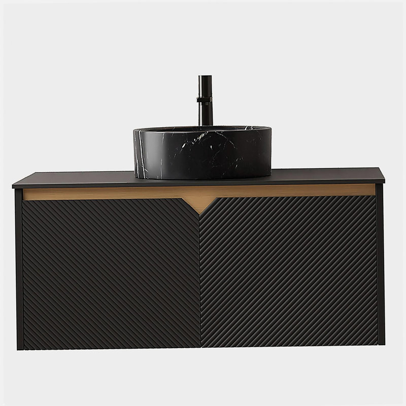 RUBEN 36" Bathroom Vanity&Sink, Wall-Mounted Floating Plywood Storage Cabinet, Twill Double Doors with Metal Trim, Black Round Ceramic Vessel Basin with Stone Pattern&Black Sintered Stone Top, Black