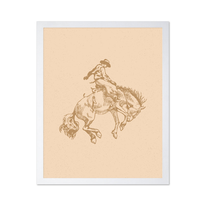 Cowboy beige chevauchant un cheval sauvage, Poster, White Framed, 16"H x 20"W