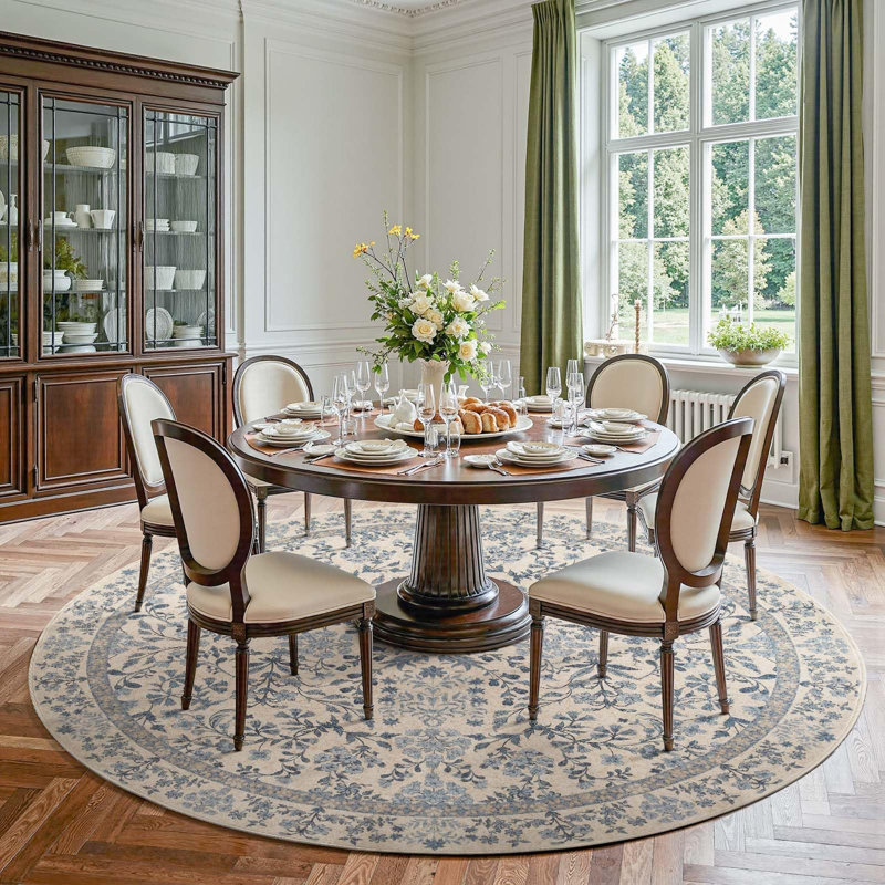 Floral Machine Washable Area Rug, Round 8', Blue