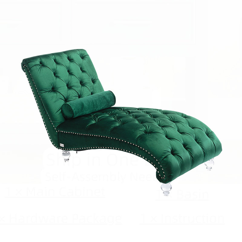 Velvet Chaise Lounge Indoor,Button-Tufted Upholstered Chaise Lounge Chair With Pillow For Bedroom Living Room Office, Emerald