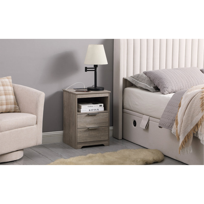 Nightstand With Charging Station,End Table With 2 Drawers,Wooden End Table With Drawer And Opening Shelf,Side Table For Bedroom