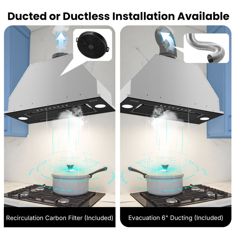 VIKIO 36’’ 600CFM Convertible Insert Range Hood In Stainless Steel With LED Lights, Black