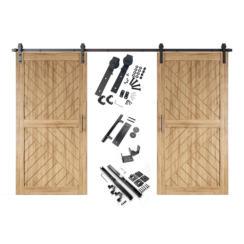 Homacer Porte de grange double 8 en 1, design géométrique, 76 cm x 203 cm, avec trousse de quincaillerie d'installation sans contournement, rail de 3,35 m, usage intérieur seulement