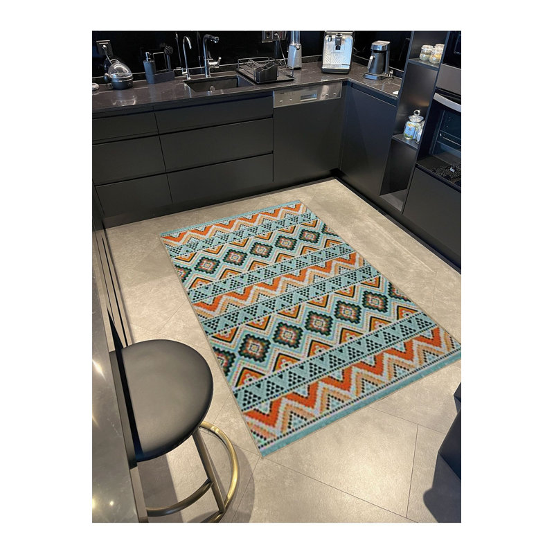 Tapis à motif géométrique bleu et orange, Sous-tapis rectangulaire de 3 pi 3 po x 4 pi 11 po