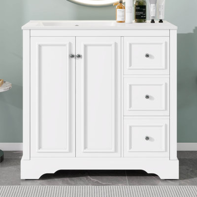 Ensemble de meuble-lavabo autoportant 36 po avec 3 tiroirs et 2 portes avec tablette réglable en forme de U et meuble-lavabo en bois 36 po