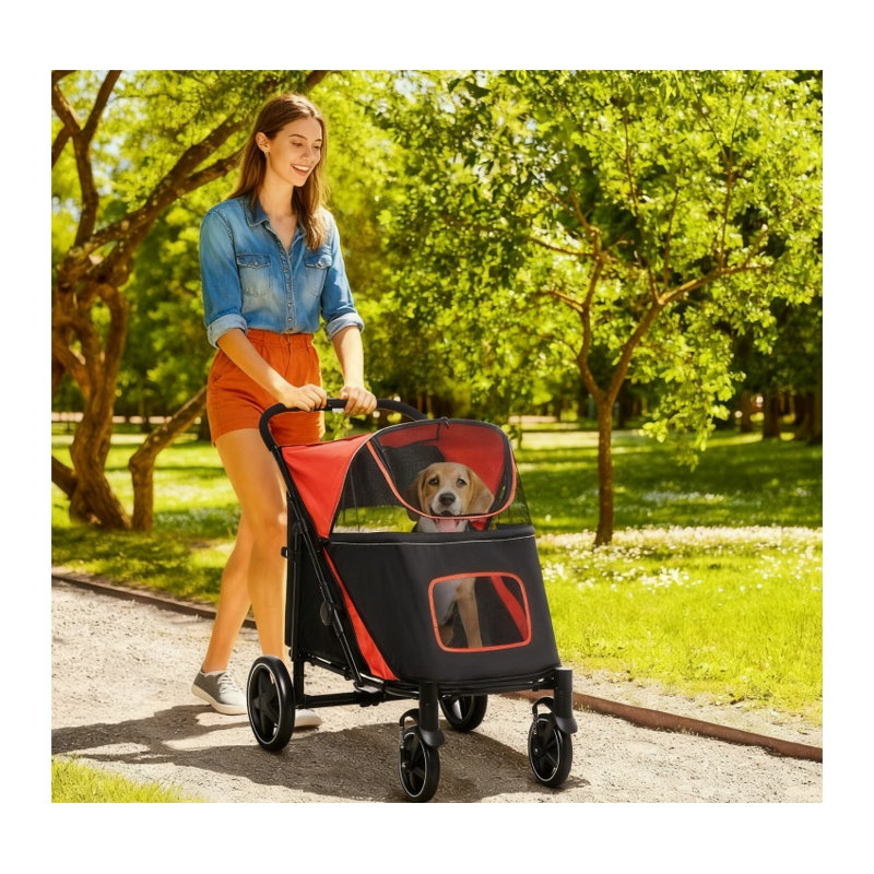Poussette pour chien pliable en un clic avec absorbeur de chocs, tissu Oxford noir et rouge et structure en acier