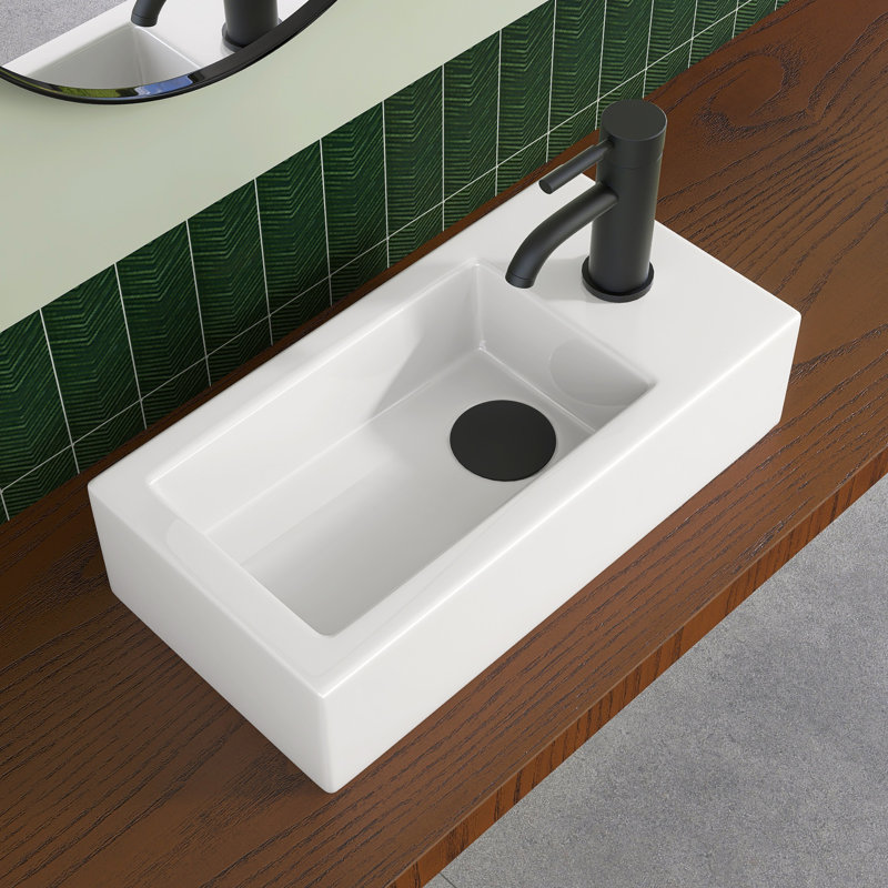 14.6 X 7 X 3.5 In. Rectangular Ceramic Wall Mount Small Vessel Sink Wall Hung With Right Faucet Mount In White