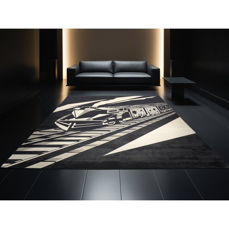 Tapis gris doux et moelleux à motif géométrique de train de fret industriel Groshon, 7 x 9