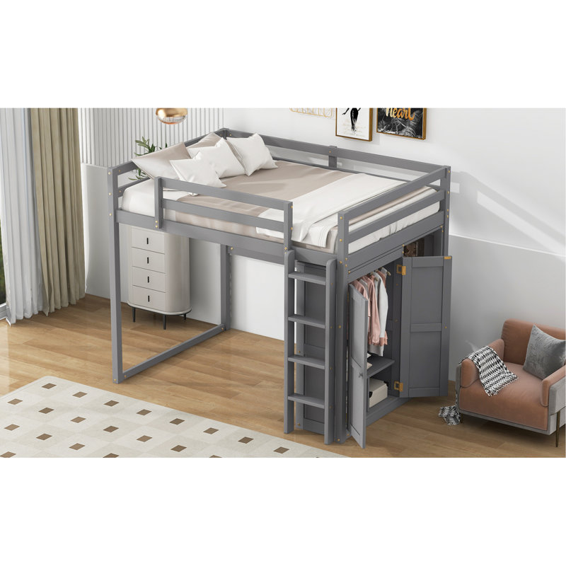 Lit mezzanine en bois avec garde-robe intégré et tablettes de rangement, lumière DEL