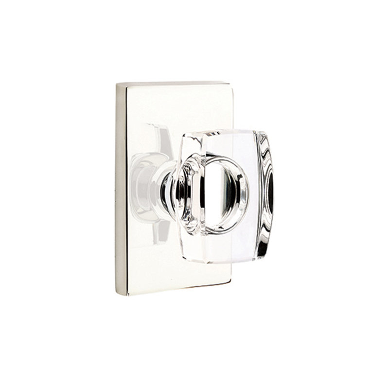 Ensemble de faux boutons Emtek avec rosette rectangulaire moderne et bouton en verre Windsor, Nickel poli à vie