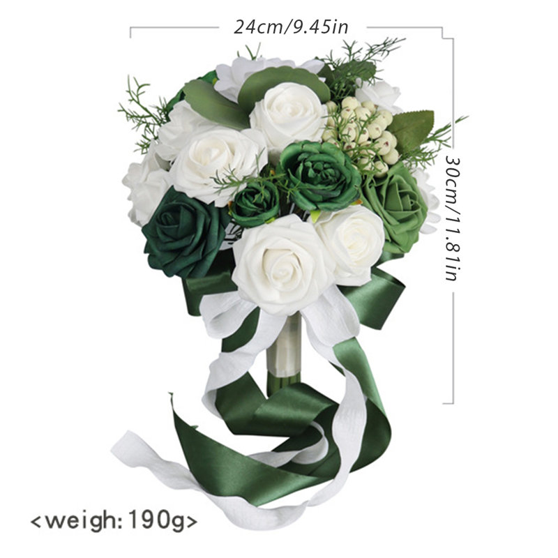 Bouquet de mariage de 9 pouces pour la mariée - Fleurs de roses artificielles simples prêtes pour la douche nuptiale, décorations d'anniversaire - vert émeraude et blanc